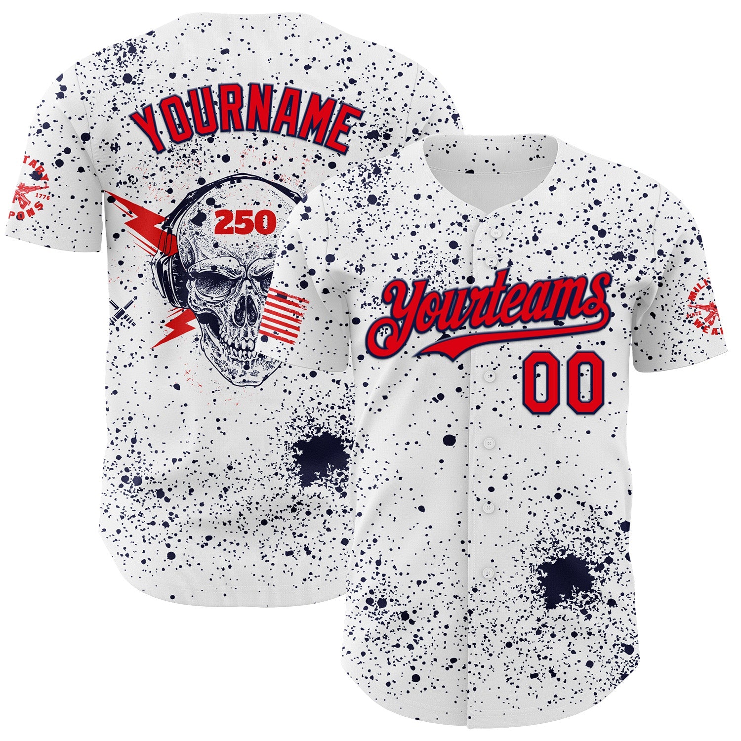 Custom White Fire Red-Navy USA American Flag Music Skull Authentic Baseball Jersey