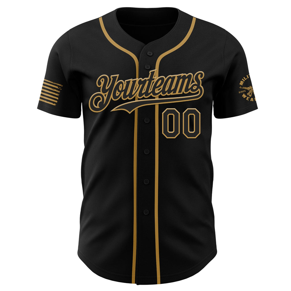 Custom Black-Old Gold USA American Flag Snake Skull Authentic Baseball Jersey