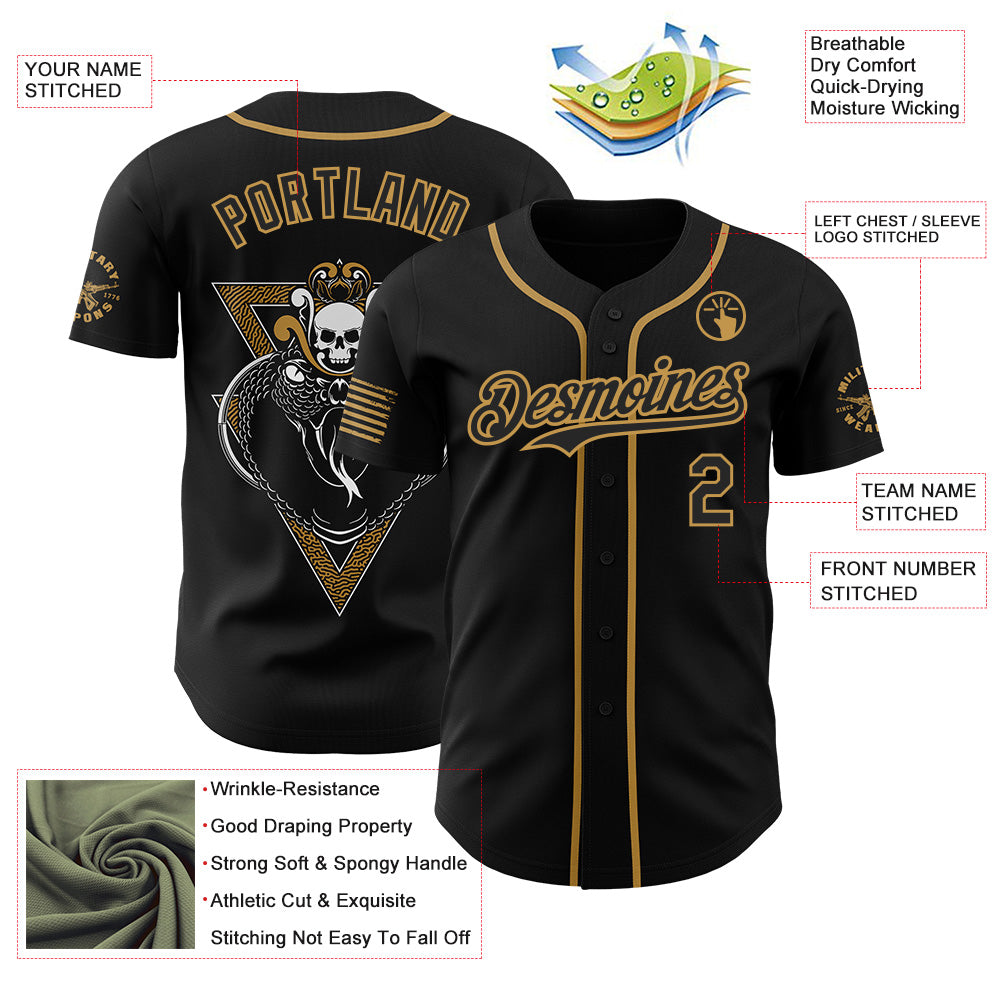 Custom Black-Old Gold USA American Flag Snake Skull Authentic Baseball Jersey