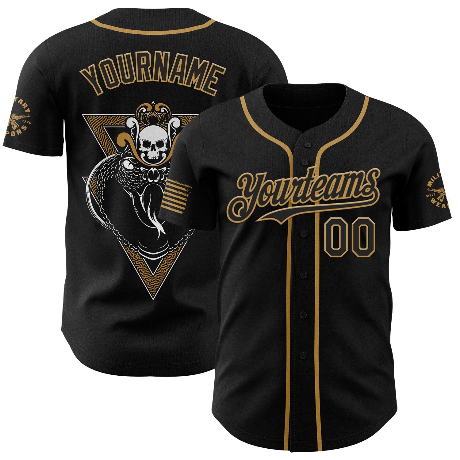 Custom Black-Old Gold USA American Flag Snake Skull Authentic Baseball Jersey