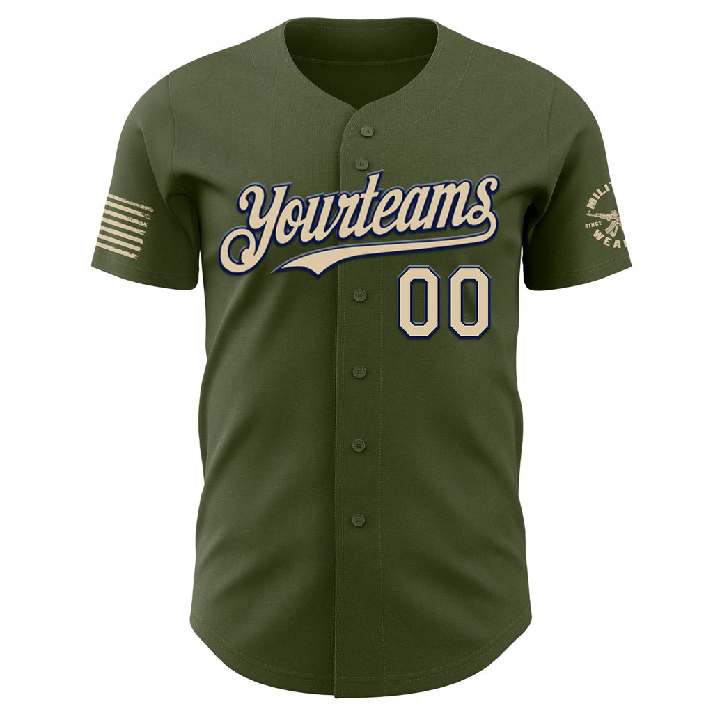 Custom Olive City Cream-Navy USA Relentless American Flag Skull Authentic Baseball Jersey