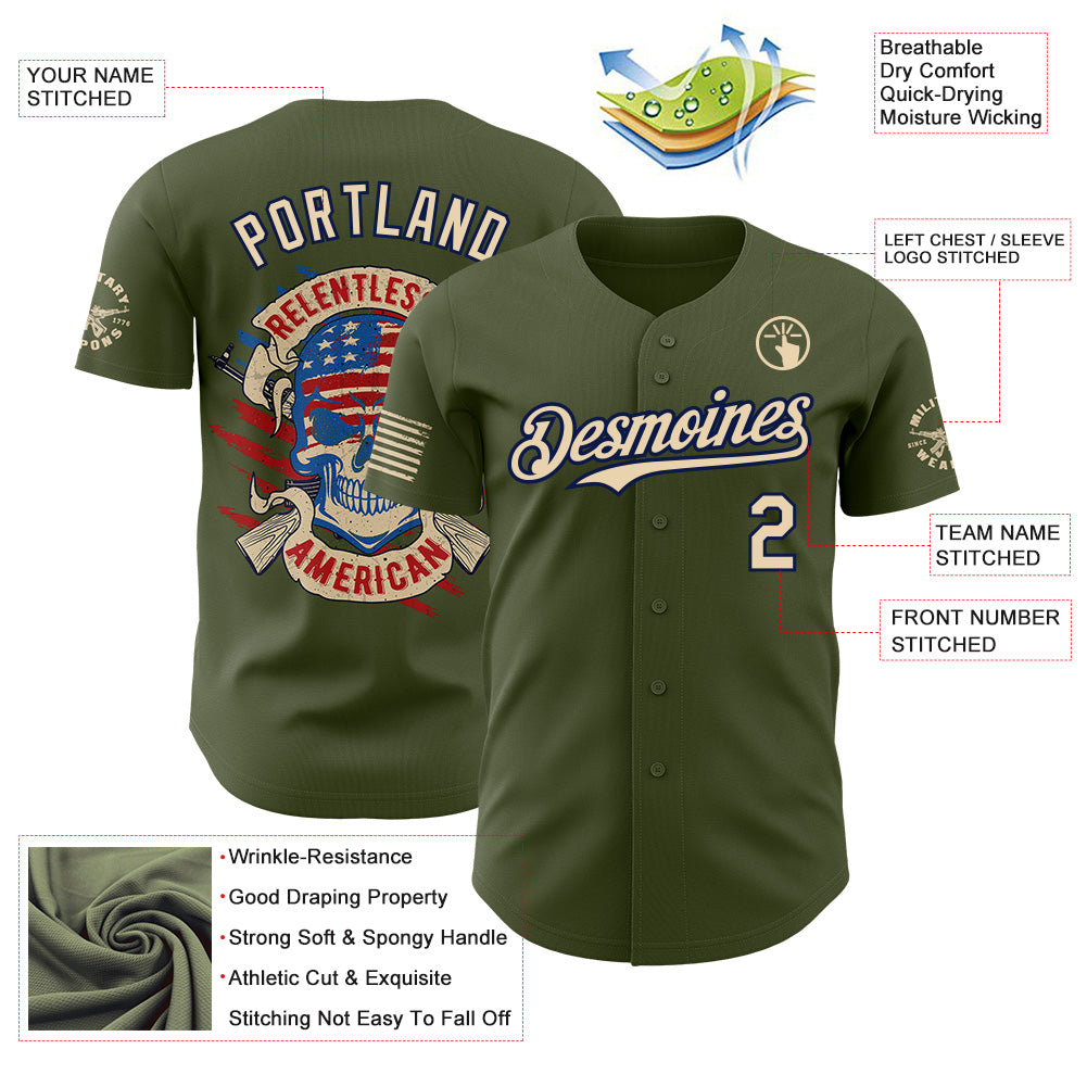 Custom Olive City Cream-Navy USA Relentless American Flag Skull Authentic Baseball Jersey