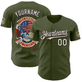 Custom Olive City Cream-Navy USA Relentless American Flag Skull Authentic Baseball Jersey