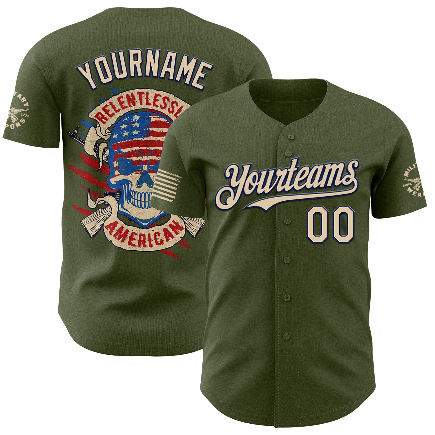 Custom Olive City Cream-Navy USA Relentless American Flag Skull Authentic Baseball Jersey