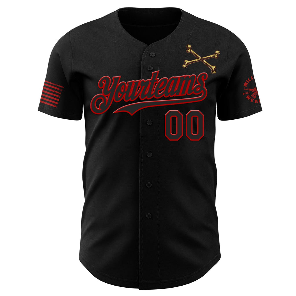 Custom Black-Red USA American Flag Gothic Patriotic Snake Skull Authentic Baseball Jersey