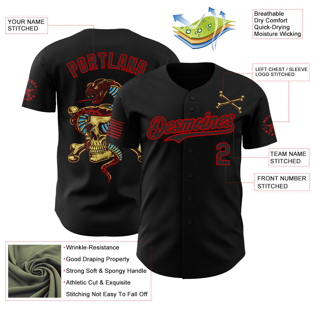 Custom Black-Red USA American Flag Gothic Patriotic Snake Skull Authentic Baseball Jersey