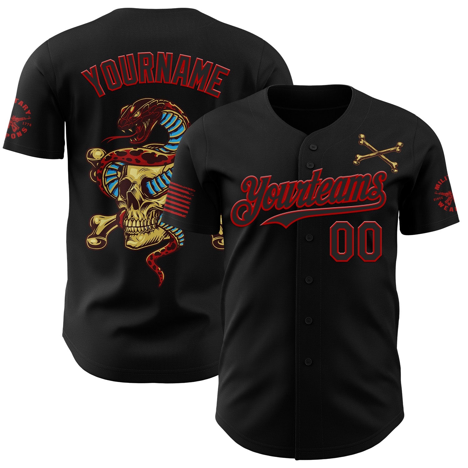 Custom Black-Red USA American Flag Gothic Patriotic Snake Skull Authentic Baseball Jersey