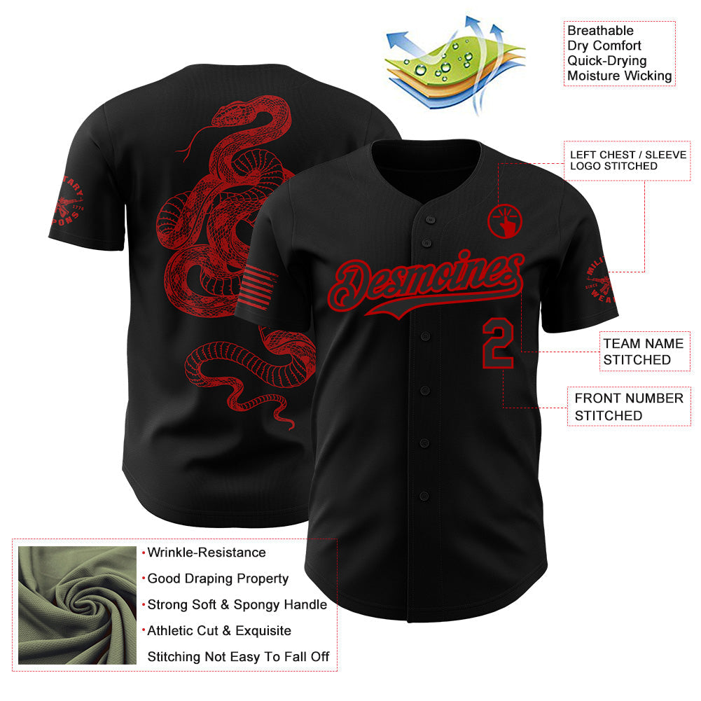 Custom Black-Red USA Flag Western Patriotic Red Rattlesnake Authentic Baseball Jersey
