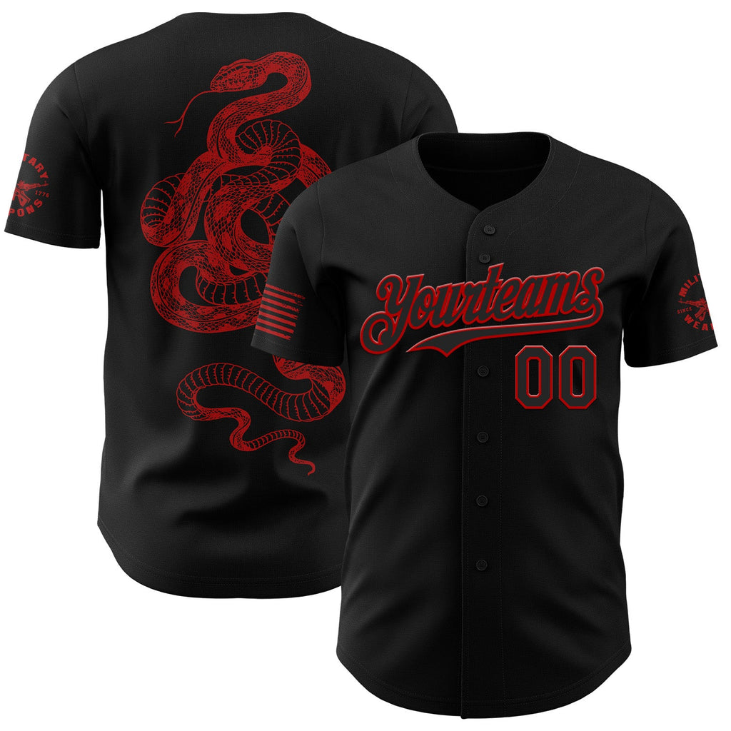 Custom Black-Red USA Flag Western Patriotic Red Rattlesnake Authentic Baseball Jersey