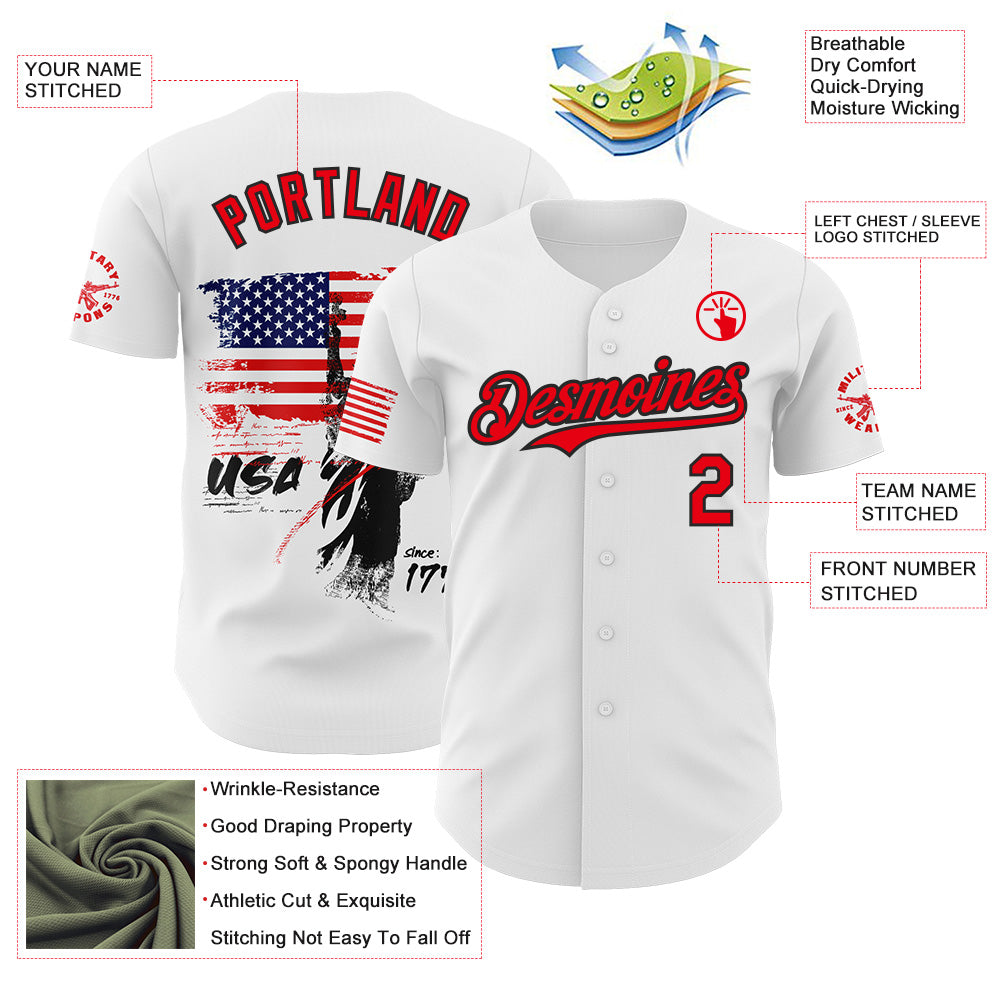 Custom White Fire Red-Black USA American Flag Patriotic Statue of Liberty Authentic Baseball Jersey