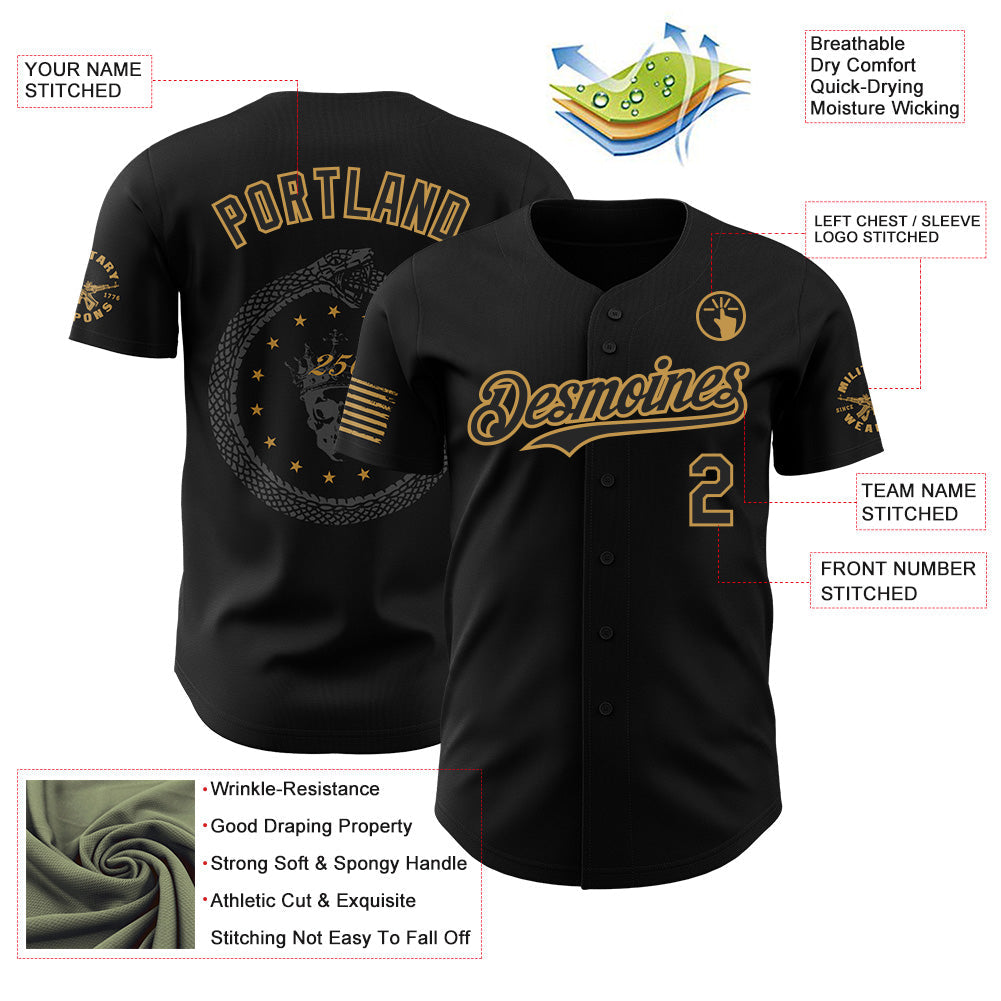 Custom Black-Old Gold USA Ouroboros Skull Authentic Baseball Jersey