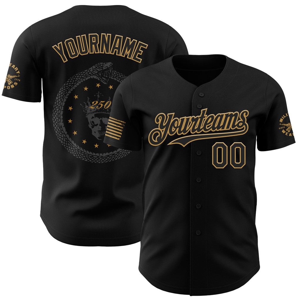 Custom Black-Old Gold USA Ouroboros Skull Authentic Baseball Jersey
