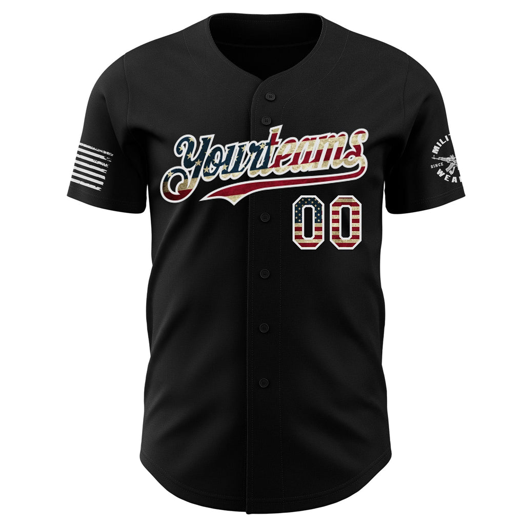 Custom Black Vintage USA Flag-White Patriotic Military Veteran Authentic Baseball Jersey