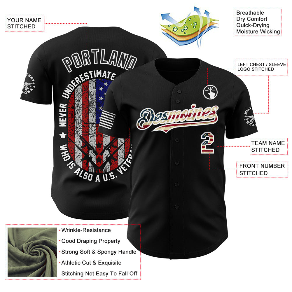 Custom Black Vintage USA Flag-White Patriotic Military Veteran Authentic Baseball Jersey