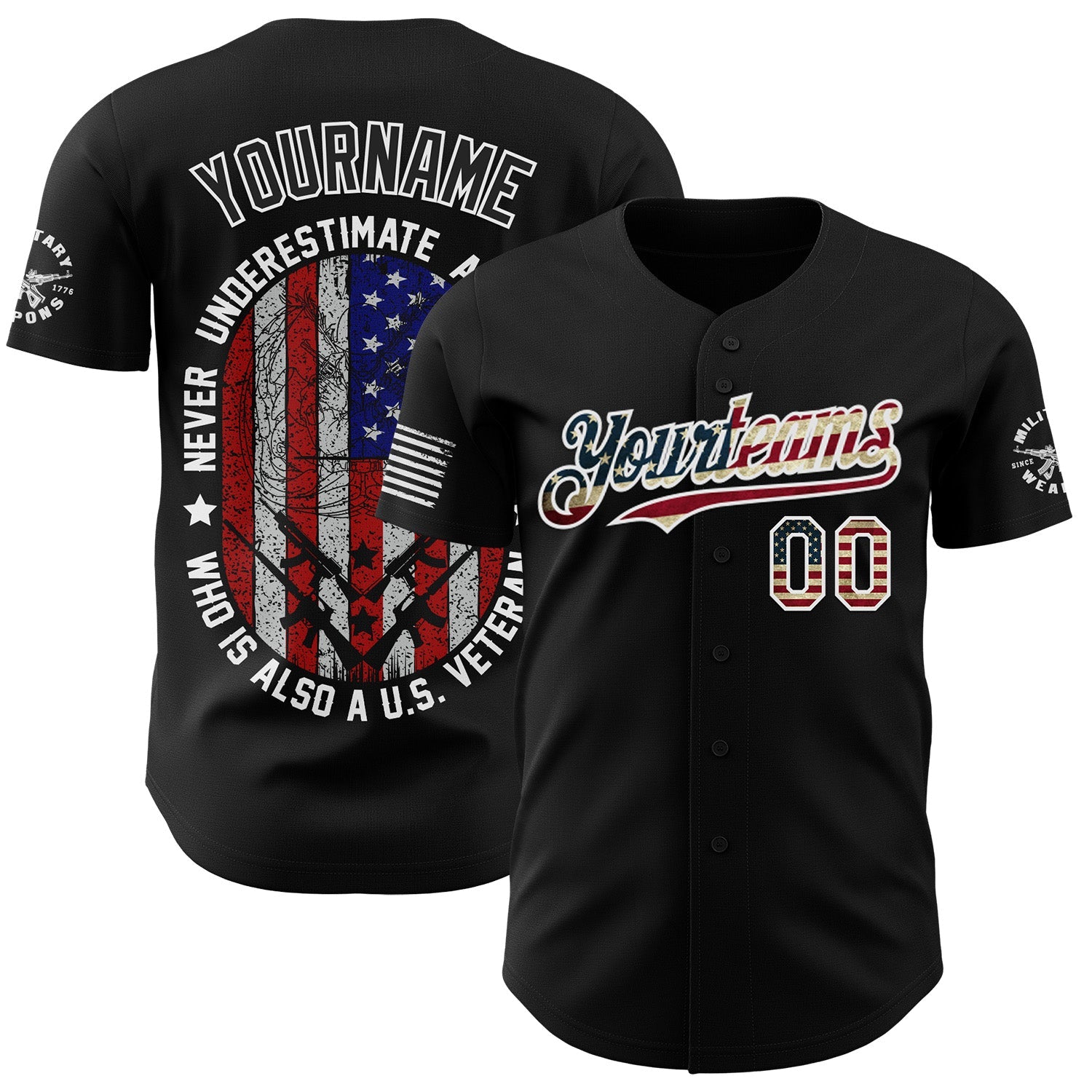 Custom Black Vintage USA Flag-White Patriotic Military Veteran Authentic Baseball Jersey