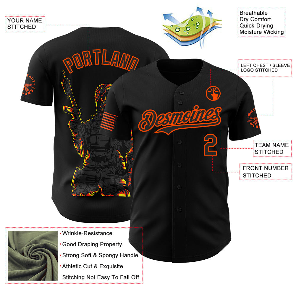Custom Black-Orange USA Tactical Soldier Flame Authentic Baseball Jersey