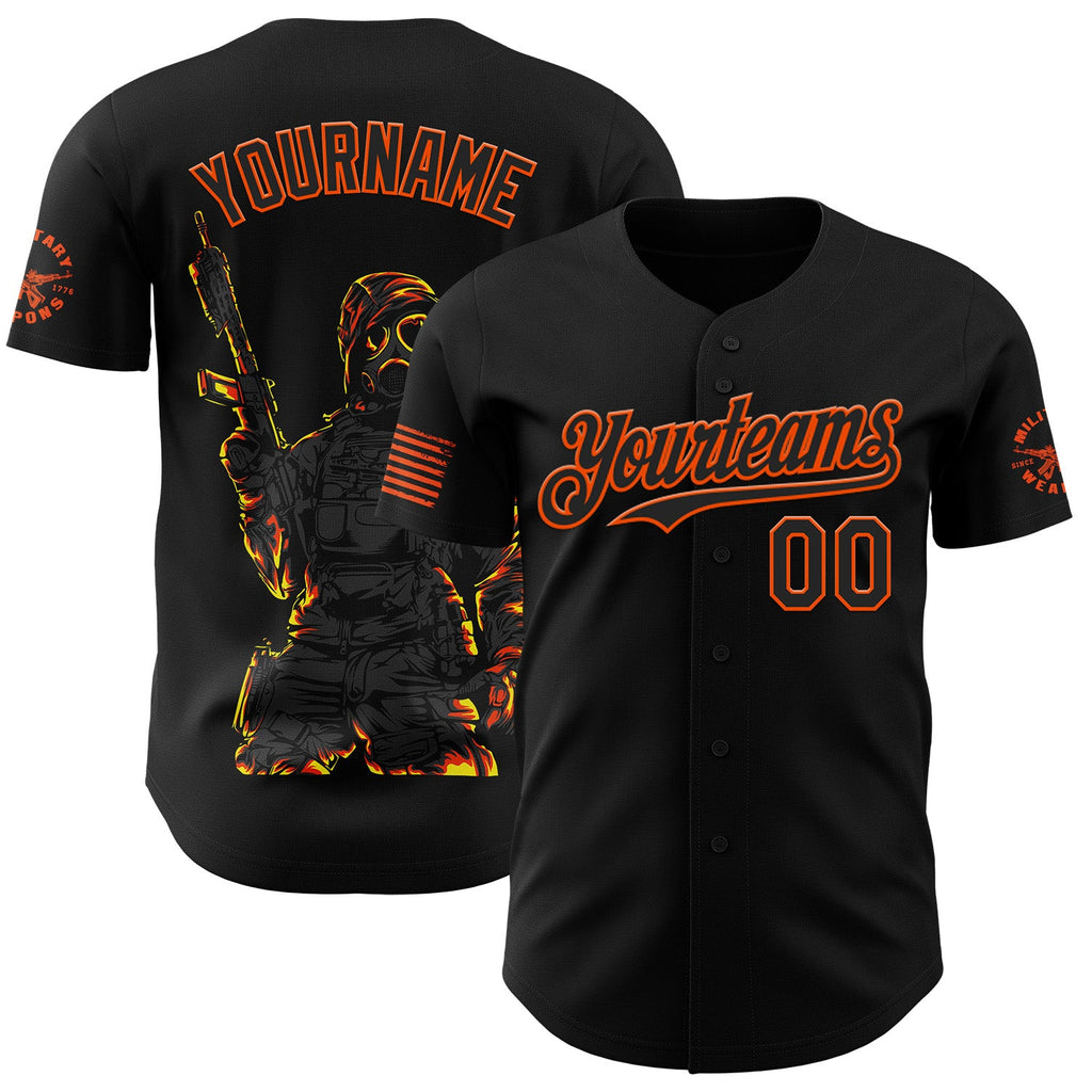 Custom Black-Orange USA Tactical Soldier Flame Authentic Baseball Jersey