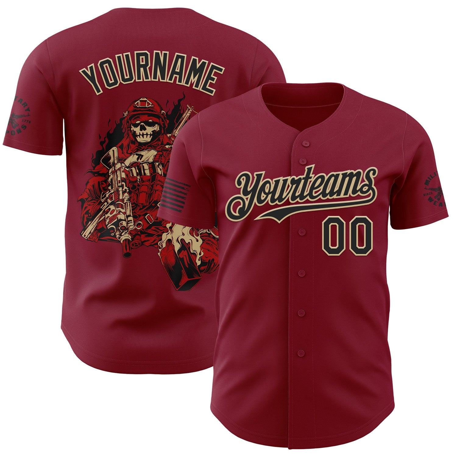 Custom Crimson Black-Vegas Gold USA Tactical Skull Authentic Baseball Jersey