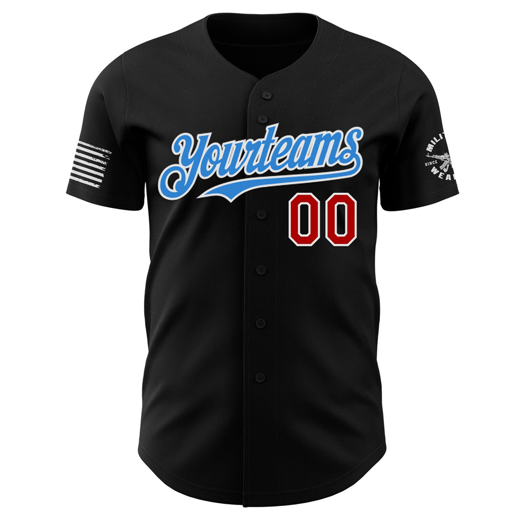 Custom Black Red White-Electric Blue USA American Flag Winged Lion Authentic Baseball Jersey