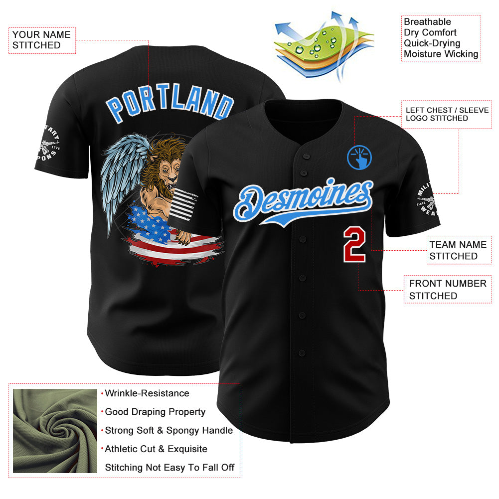 Custom Black Red White-Electric Blue USA American Flag Winged Lion Authentic Baseball Jersey