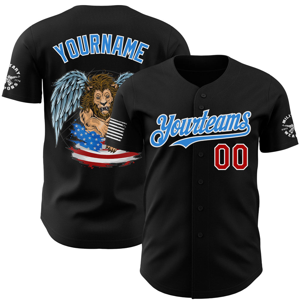 Custom Black Red White-Electric Blue USA American Flag Winged Lion Authentic Baseball Jersey