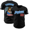 Custom Black Red White-Electric Blue USA American Flag Winged Lion Authentic Baseball Jersey