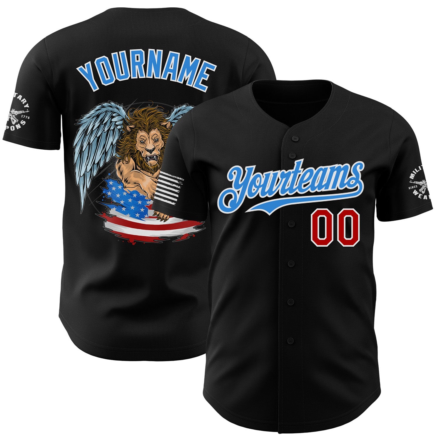 Custom Black Red White-Electric Blue USA American Flag Winged Lion Authentic Baseball Jersey
