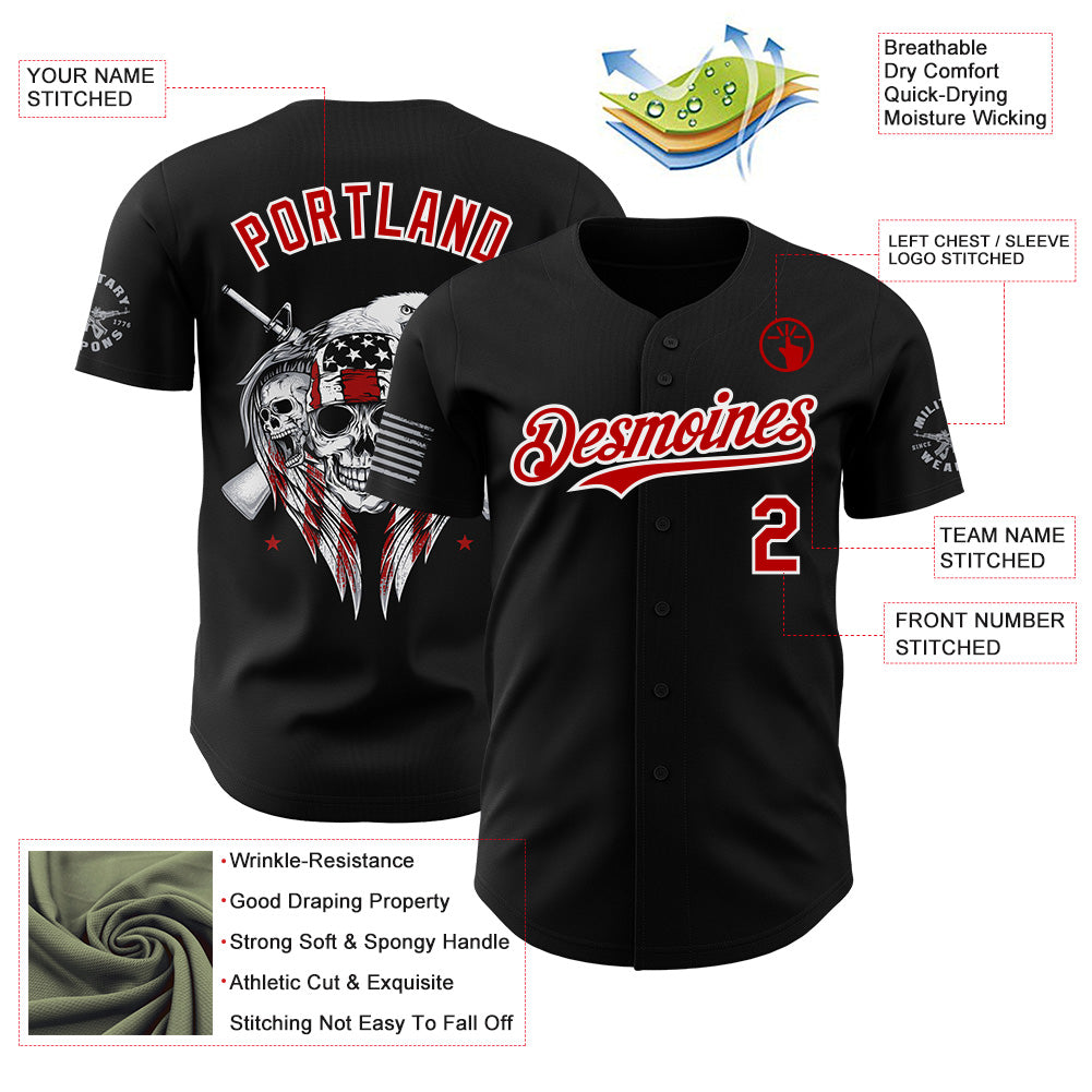 Custom Black Red-White USA American Flag Eagle Skull Authentic Baseball Jersey