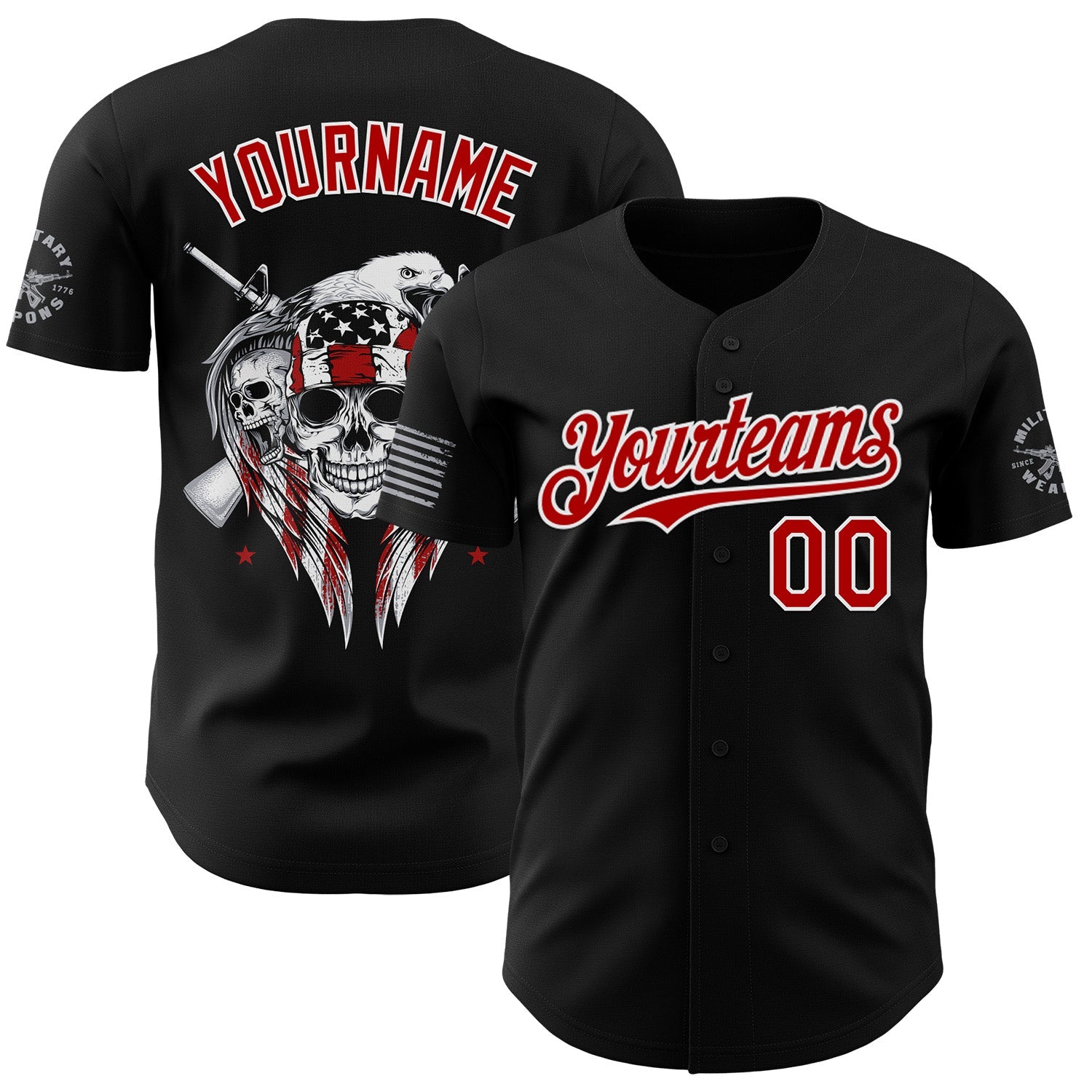 Custom Black Red-White USA American Flag Eagle Skull Authentic Baseball Jersey
