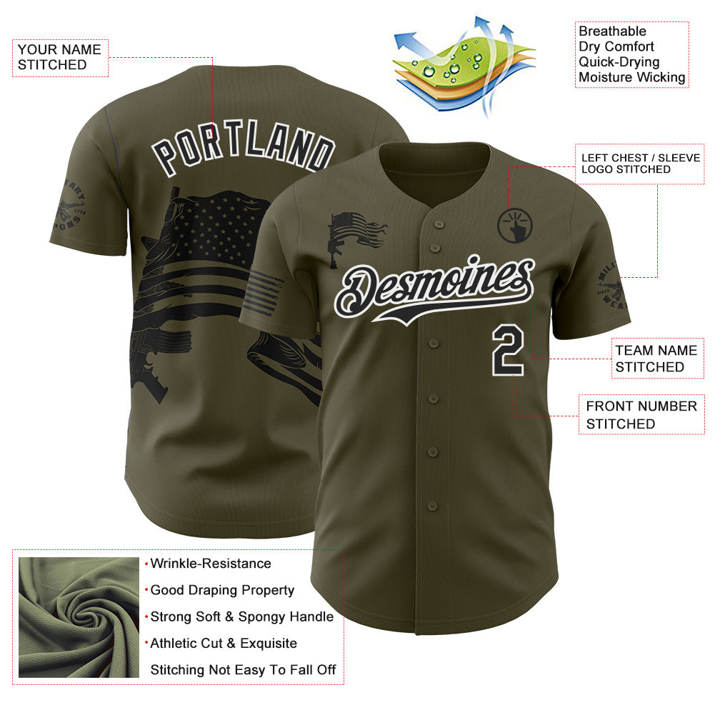 Custom Olive Black-White USA American Flag Authentic Baseball Jersey