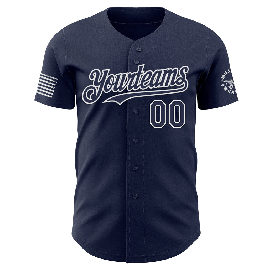 Custom Navy-White USA American Flag Tactical Military Skull Authentic Baseball Jersey