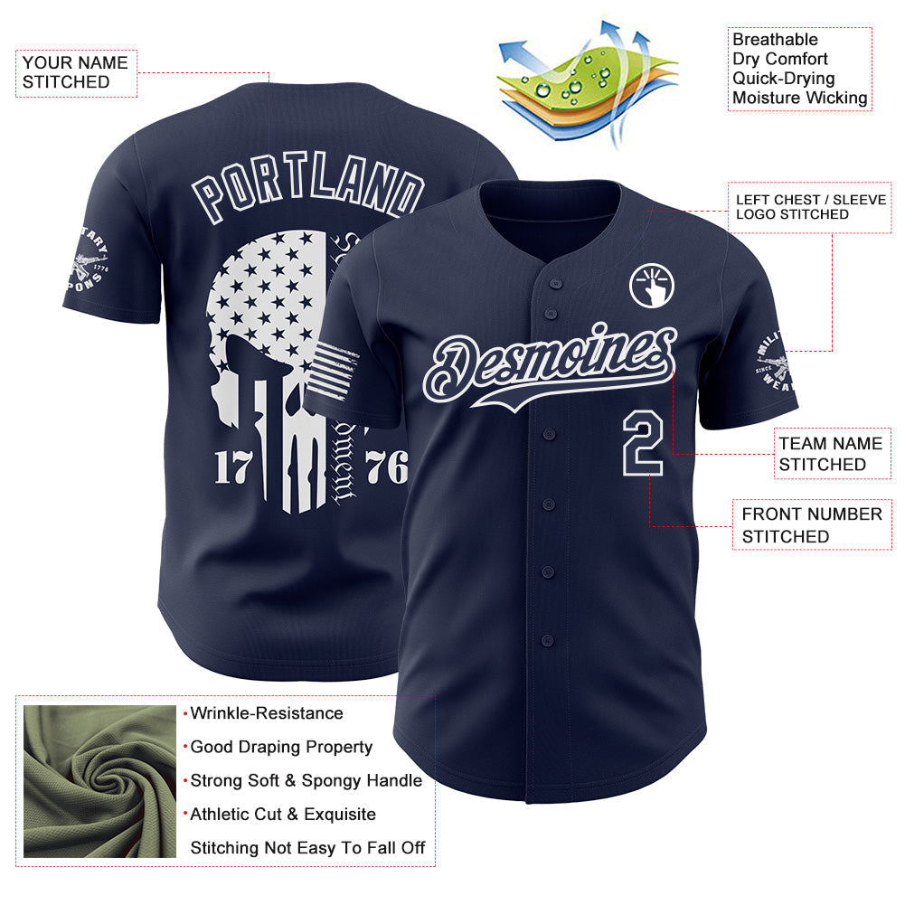 Custom Navy-White USA American Flag Tactical Military Skull Authentic Baseball Jersey