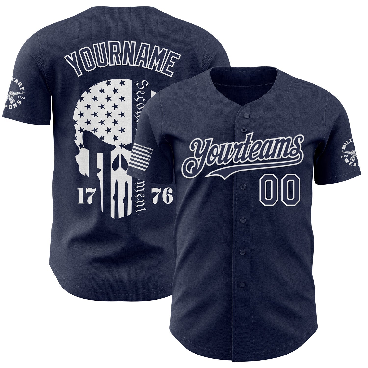 Custom Navy-White USA American Flag Tactical Military Skull Authentic Baseball Jersey