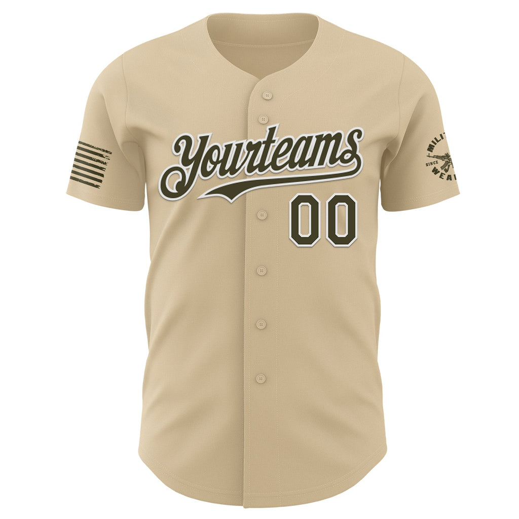 Custom City Cream Olive-White USA American Flag Tactical Military Authentic Baseball Jersey