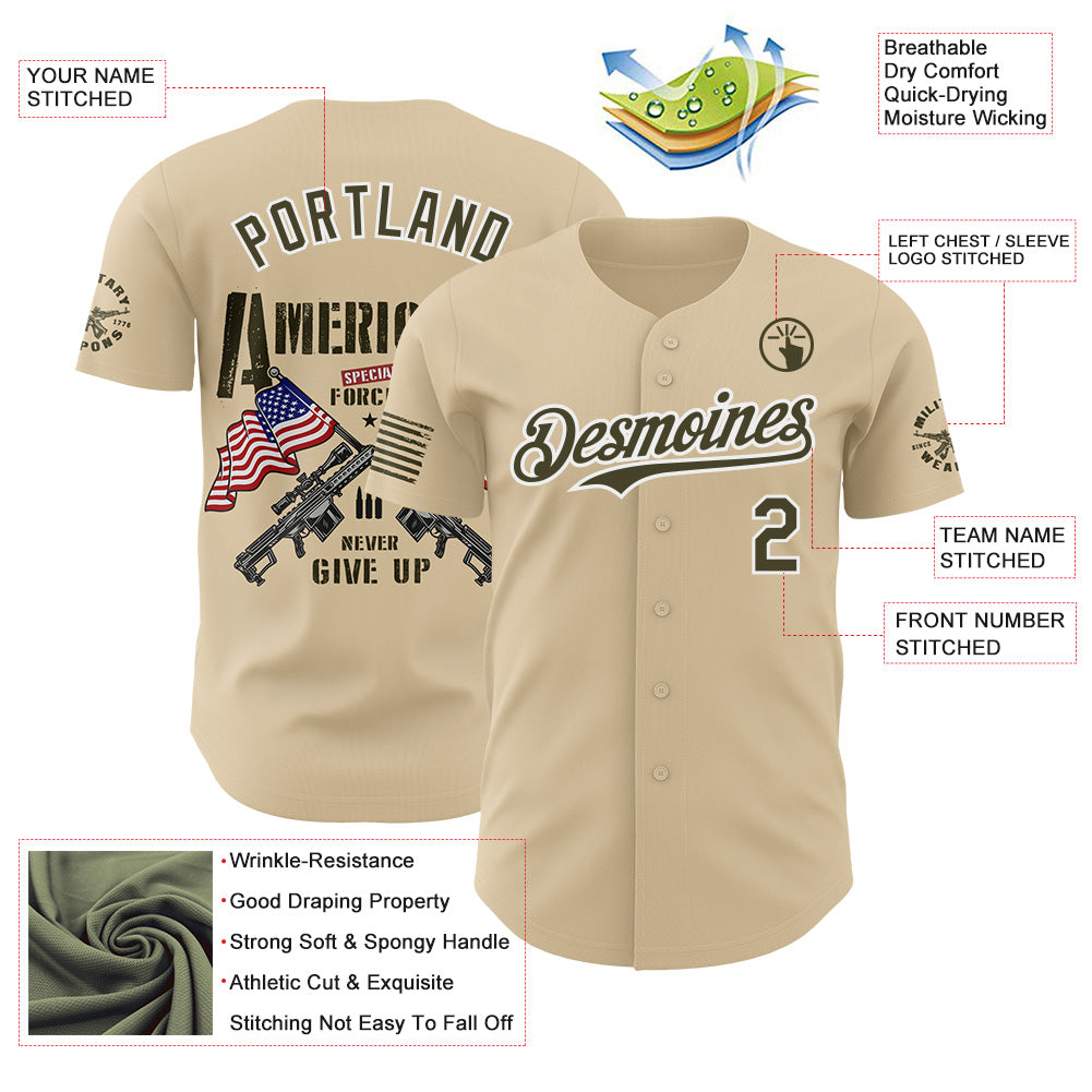 Custom City Cream Olive-White USA American Flag Tactical Military Authentic Baseball Jersey