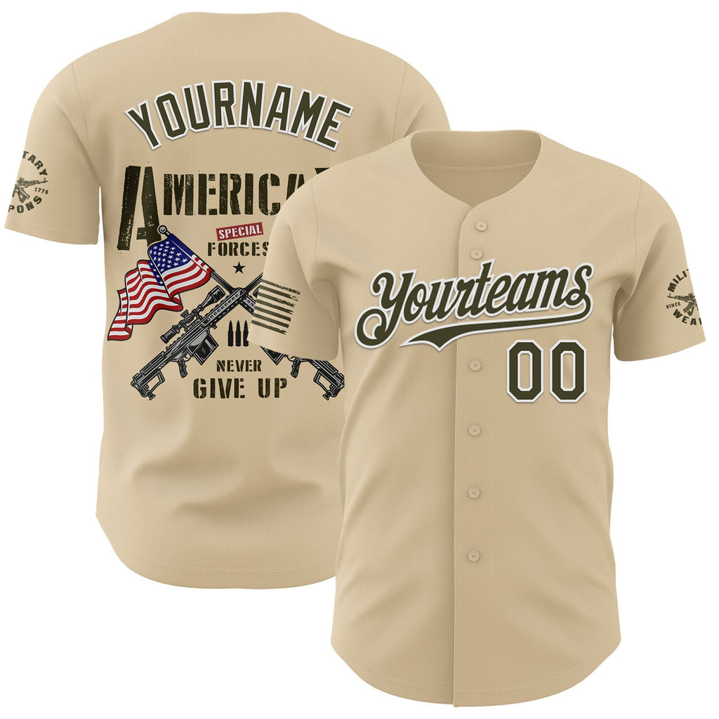 Custom City Cream Olive-White USA American Flag Tactical Military Authentic Baseball Jersey