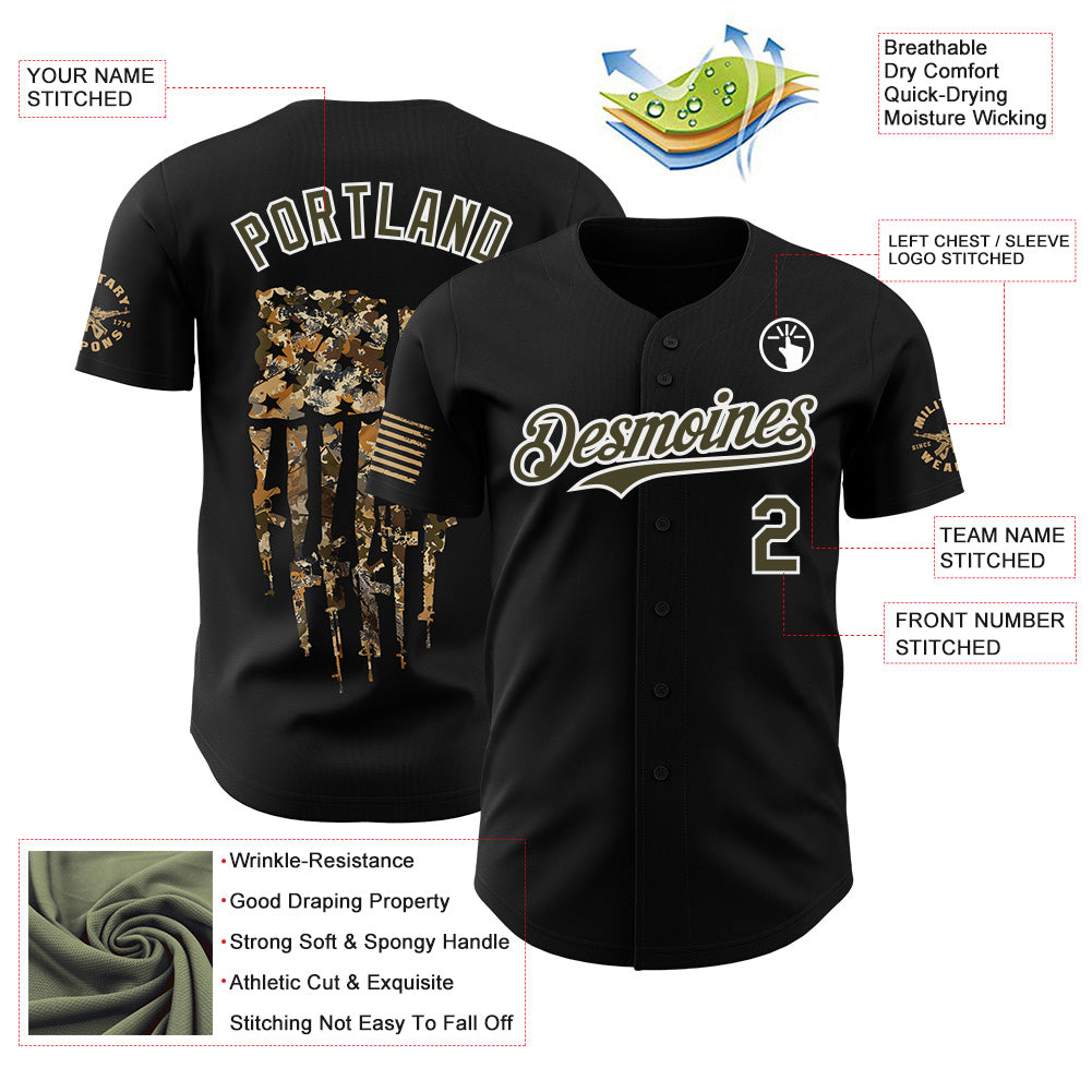 Custom Black Olive-White USA American Flag Camo Authentic Baseball Jersey