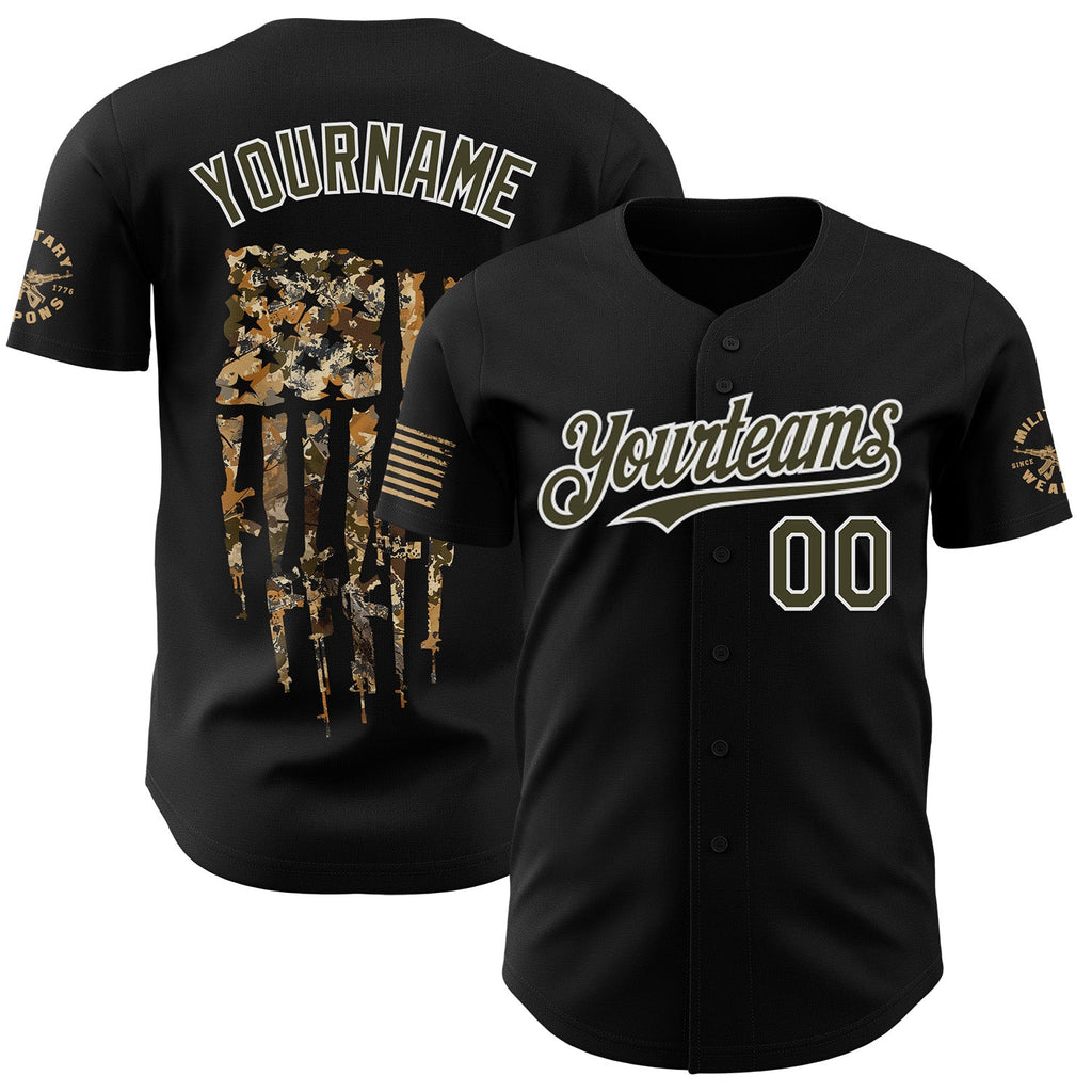 Custom Black Olive-White USA American Flag Camo Authentic Baseball Jersey