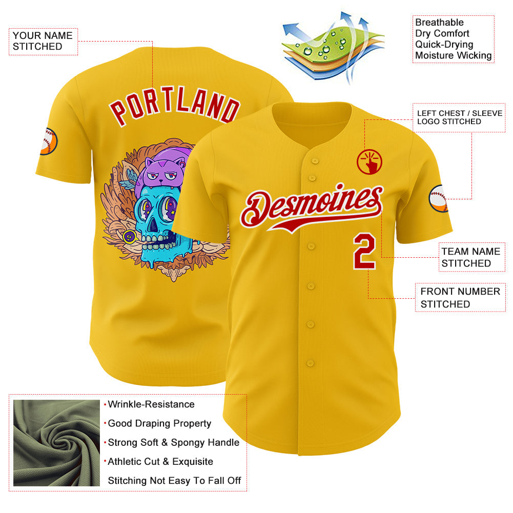 Custom Yellow Red-White Funky Cartoon Skull Cat Authentic Baseball Jersey