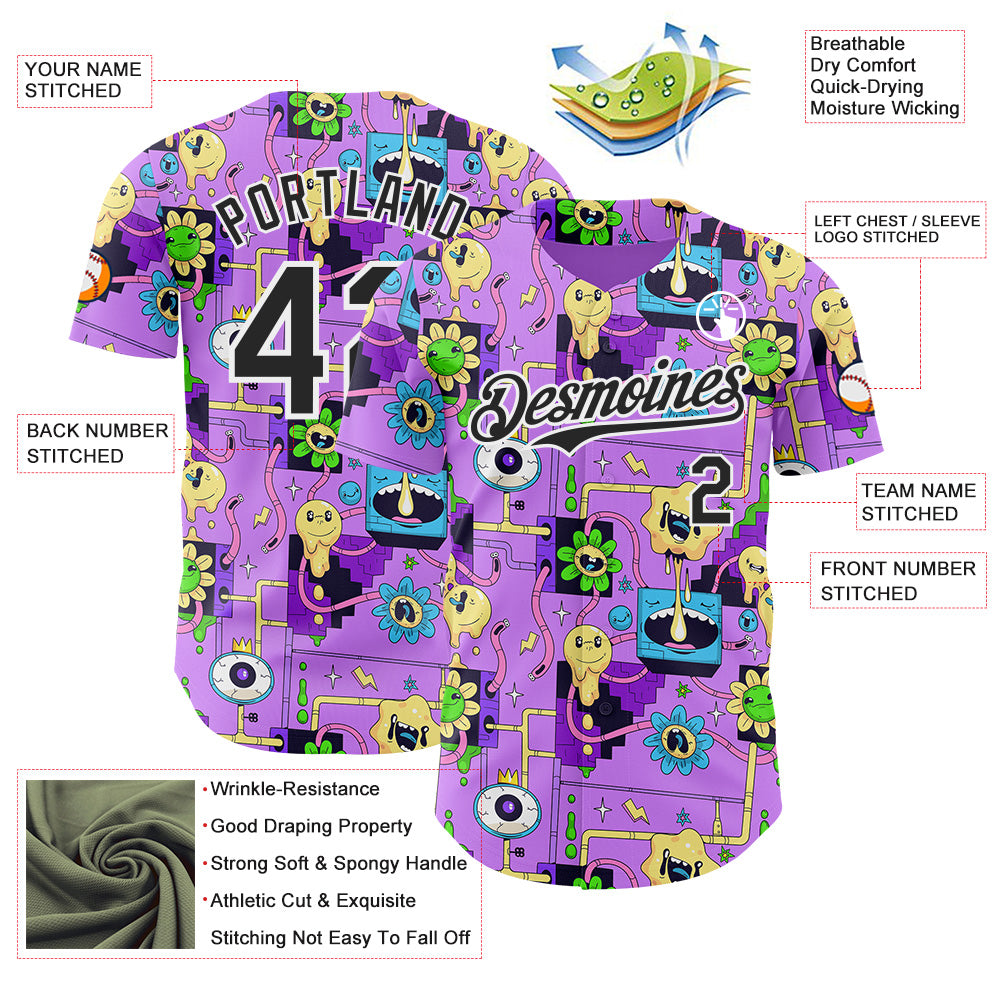 Custom Purple Black-White Psychedelic Trippy Smile Authentic Baseball Jersey