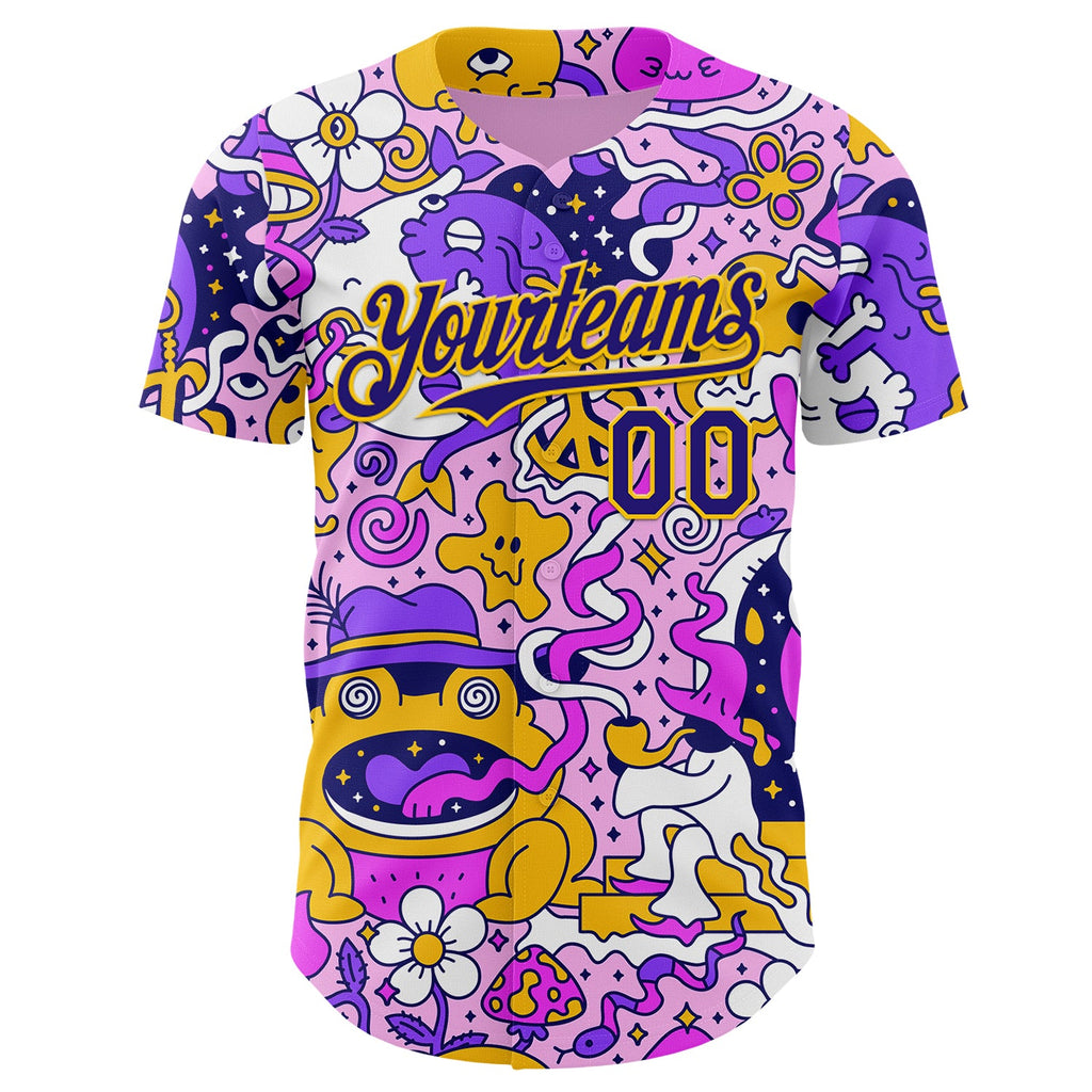 Custom Purple Dark Purple-Yellow Psychedelic Trippy Mushroom Doodle Frog & Ghost Authentic Baseball Jersey
