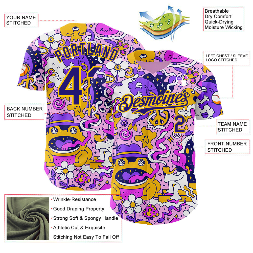 Custom Purple Dark Purple-Yellow Psychedelic Trippy Mushroom Doodle Frog & Ghost Authentic Baseball Jersey