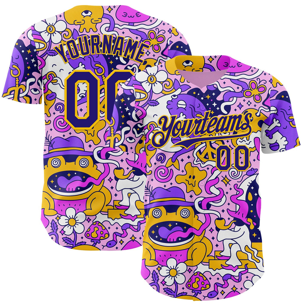 Custom Purple Dark Purple-Yellow Psychedelic Trippy Mushroom Doodle Frog & Ghost Authentic Baseball Jersey