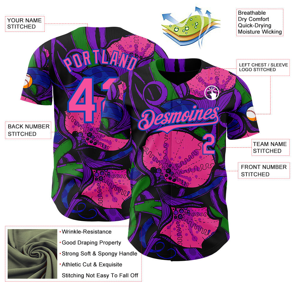 Custom Black Pink-Thunder Blue Psychedelic Trippy Exotic Floral Authentic Baseball Jersey