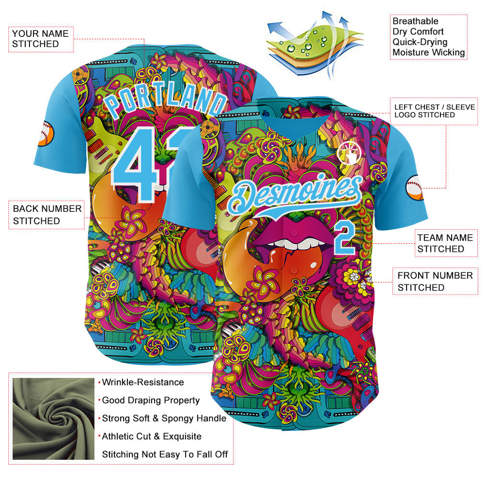 Custom Sky Blue-White Psychedelic Trippy Exotic Floral Authentic Baseball Jersey