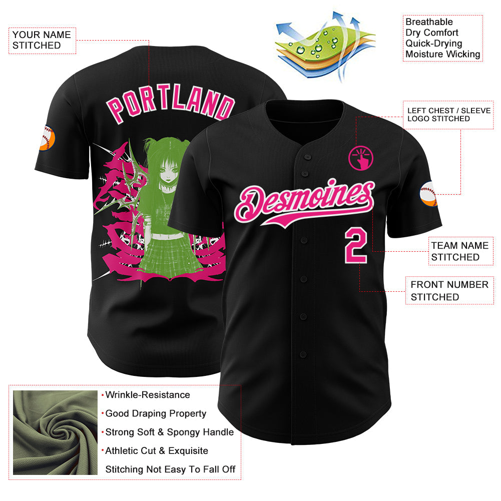 Custom Black Hot Pink-White Psychedelic Trippy Cyber Y2K Emo Goth Anime Authentic Baseball Jersey