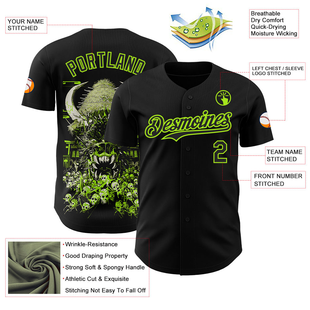 Custom Black-Neon Green Trippy Neon Monster Skull Authentic Baseball Jersey