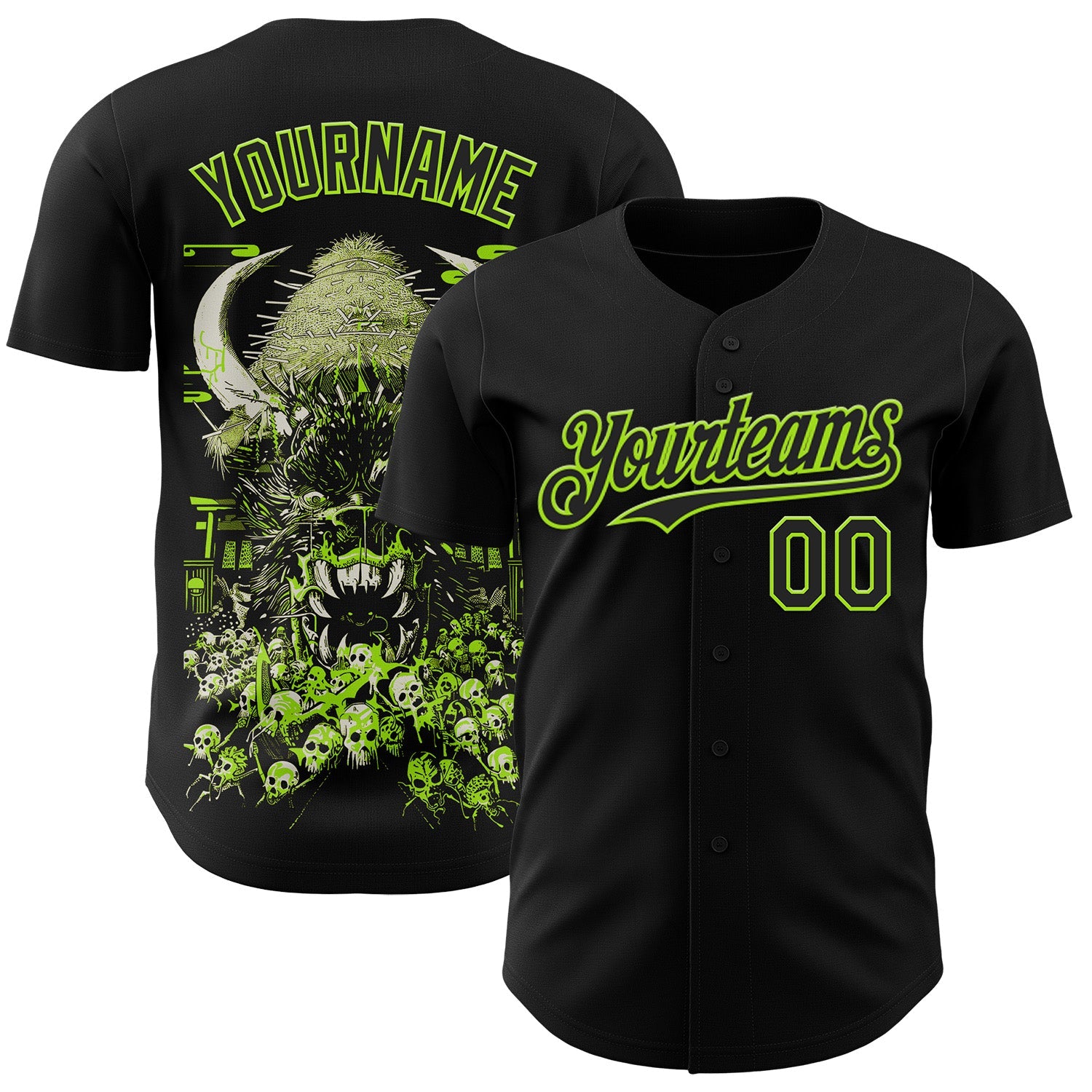 Custom Black-Neon Green Trippy Neon Monster Skull Authentic Baseball Jersey