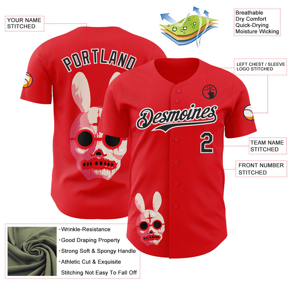 Custom Red Black-White Trippy Horror Bunny Skull Authentic Baseball Jersey