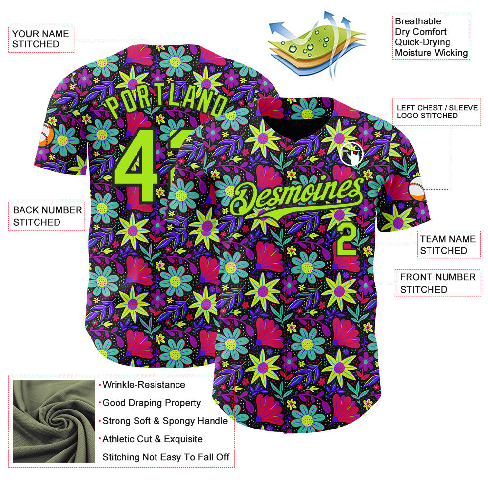Custom Black-Neon Green Psychedelic Trippy Flower Authentic Baseball Jersey